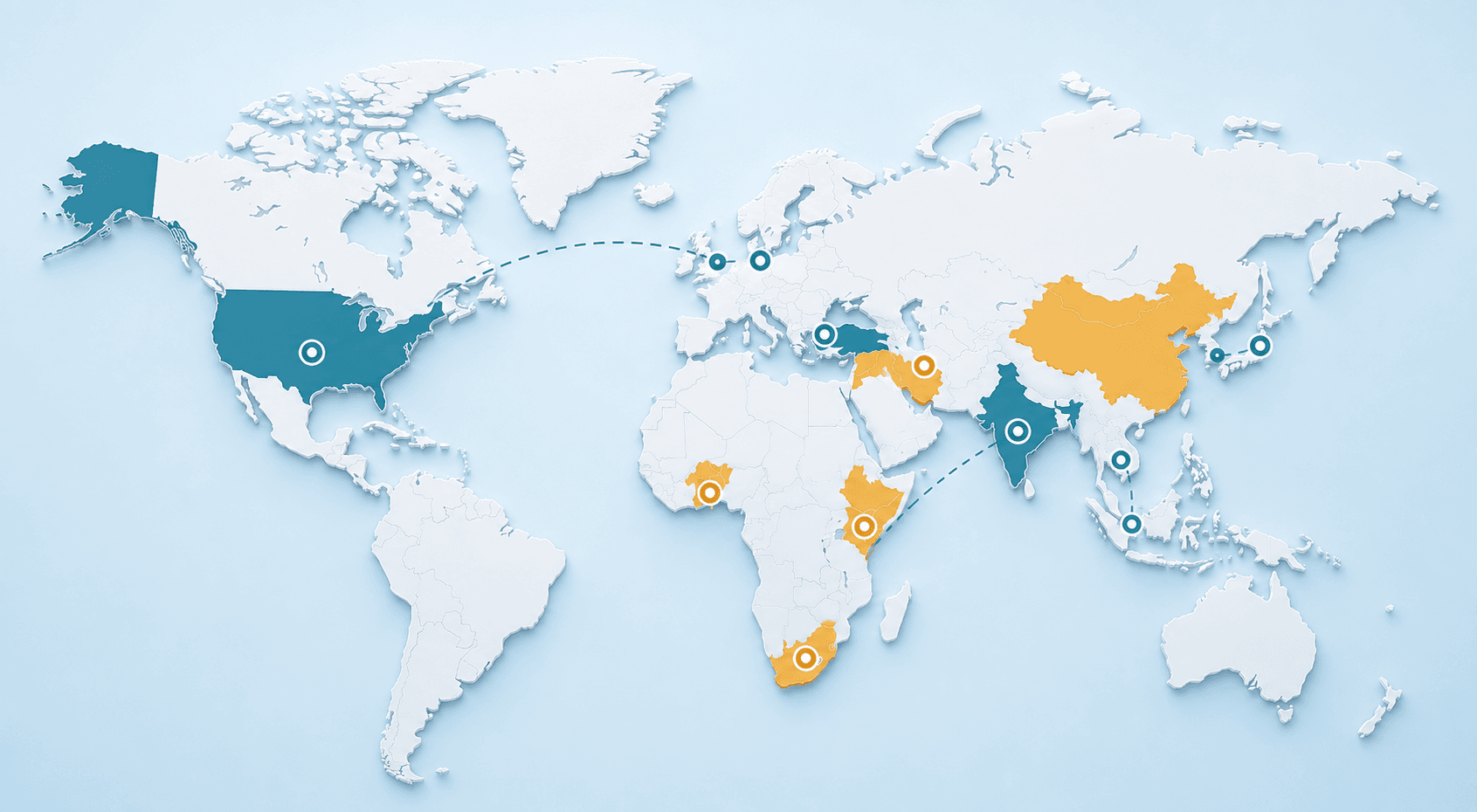 World map showing Yapita Health partner hospital destinations across North America, Europe, the Middle East and Asia, with patient-source regions highlighted across Africa, Central Asia and South Asia.